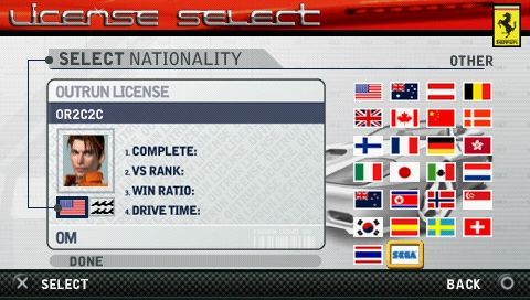 OutRun 2006: Coast 2 Coast (PSP) screenshot: Before you can run, you need to define your outrun driver's license. SEGA nation rules!