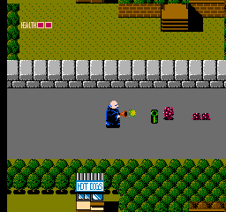 Fester's Quest (NES) screenshot: Uncle Fester shoots up enemies and reveals power-ups with his elephant gun