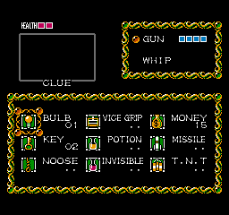 Fester's Quest (NES) screenshot: The Inventory Screen keeps track of all your items and weapon power-up levels