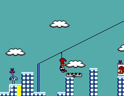 Férias Frustradas do Pica-Pau (SEGA Master System) screenshot: Woody riding an aerial tramway in stage 3.