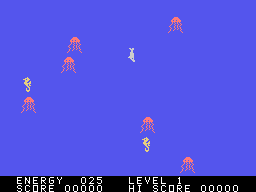Fathom (TI-99/4A) screenshot: Swim into the sea horses to find a piece of the trident