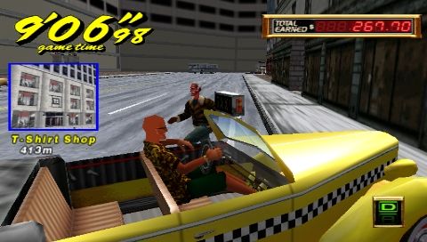 Crazy Taxi: Fare Wars (PSP) screenshot: Another customer gets in the crazy taxi (Crazy Taxi 2).
