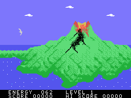 Fathom (TI-99/4A) screenshot: Don't crash into the volcano!