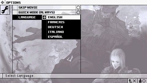 Metal Gear Ac!d² (PSP) screenshot: Language select screen (European version)