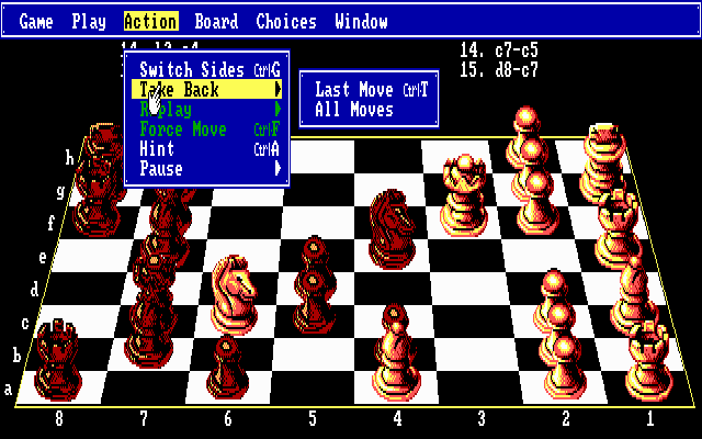 The Fidelity Chessmaster 2100 (DOS) screenshot: Board may be rotated for appropriate positions of the opposite sides and moves may be taken back...