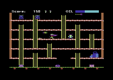 Felix in the Factory (Commodore 64) screenshot: Take this oil lamp to the generator