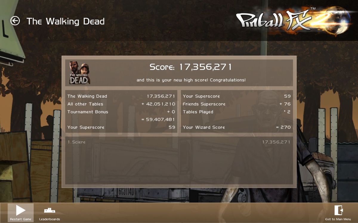 The Walking Dead Pinball (Windows) screenshot: Score overview