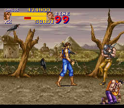 Final Fight 2 (SNES) screenshot: Holland - One of the bad guys is recovering while the other one waits to join the action