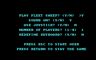 Fleet Sweep (PC Booter) screenshot: main menu, crude but effective