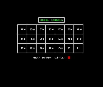 Footballer of the Year 2 (ZX Spectrum) screenshot: Each letter represents a specific goalscoring opportunity