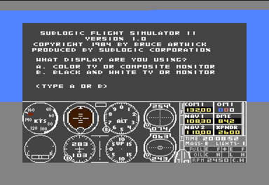 Flight Simulator II (Commodore 64) screenshot: The opening screen allows you to tune the simulator toward your technologysome people still hadn't bought color televisions yet, and their Commodore 64s were hooked to black-and-white TV sets.