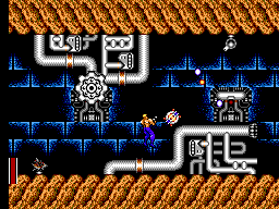 Forgotten Worlds (SEGA Master System) screenshot: Dodge the pipes