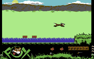 Foxx Fights Back (Commodore 64) screenshot: Wide jump over a river