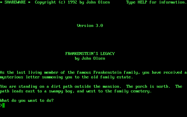 Frankenstein Adventure (DOS) screenshot: Title screen, starting location