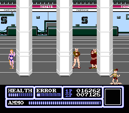 Freedom Force (NES) screenshot: Level 3, Airport Terminal. Why is there a girl in a swimsuit at an airport waving at somebody shooting at people?