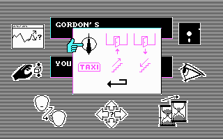 the Fourth Protocol (PC Booter) screenshot: Icons for travel (CGA with RGB monitor)