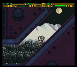 Front Mission: Gun Hazard (SNES) screenshot: An enemy base lit by moonlight