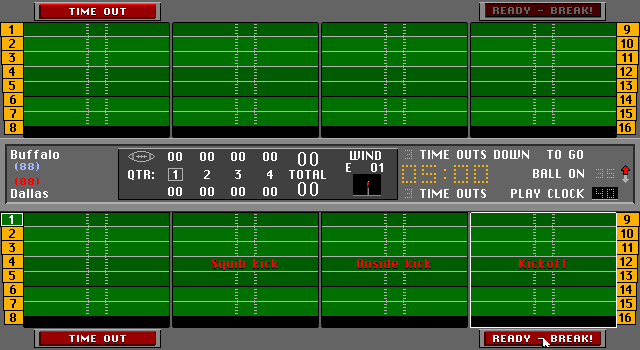 Front Page Sports: Football Pro (DOS) screenshot: Play select screen.