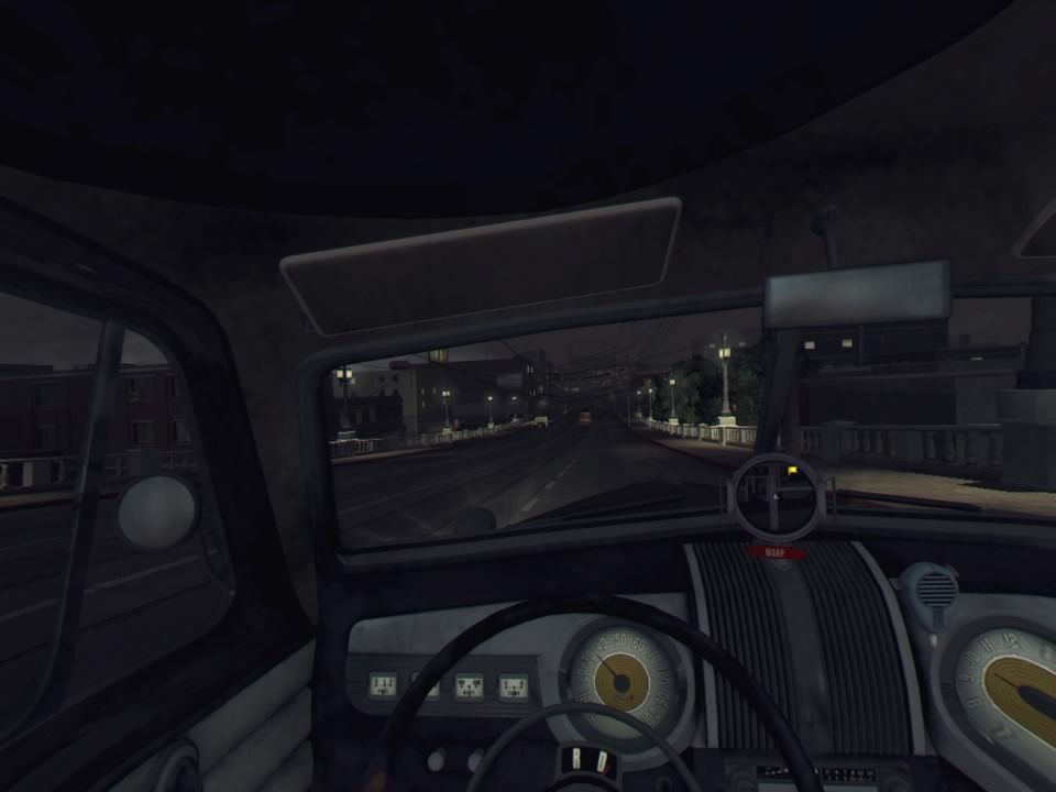 L.A. Noire: The VR Case Files (PlayStation 4) screenshot: Night driving can get too dark at times, even with the front lights on