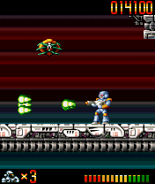 Apocalypse 3000 (J2ME) screenshot: Showing off the triple-shot laser, cleverly avoided by this jumping monster.