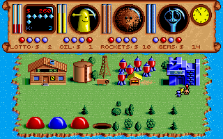 Traders: The Intergalactic Trading Game (DOS) screenshot: The shops. Buy rockets and oil, speculate with sapphires or play the lottery.
