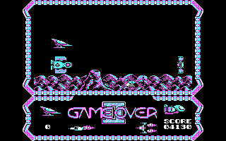 Game Over II (PC Booter) screenshot: But eventually you will learn to position your ship at approximately *this* height and move forward and back to avoid obstacles.