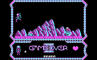 Game Over II (PC Booter) screenshot: It's hard to take seriously a game where you're attacked by aliens riding rubber balls.