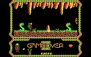 Game Over II (PC Booter) screenshot: At least the CGA alternative palette is put to some use.