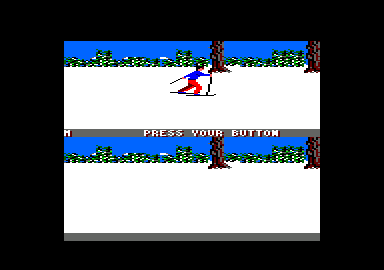 The Games: Winter Edition (Amstrad CPC) screenshot: At the starting line for cross country skiing.