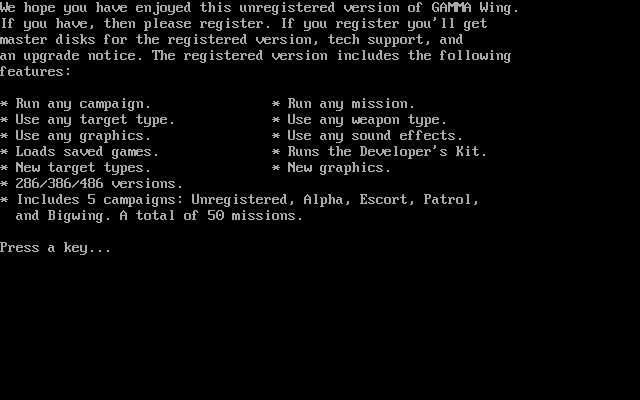 Gamma Wing (DOS) screenshot: Nag screen