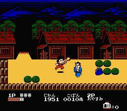 Ganbare Goemon 2 (NES) screenshot: Mysterious village, mysterious blue guys...