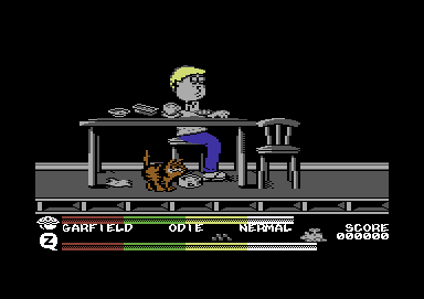 Garfield: Big, Fat, Hairy Deal (Commodore 64) screenshot: Jon's dining table