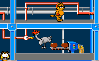 Garfield: Winter's Tail (Amiga) screenshot: A robot chicken laying eggs in the chocolate factory