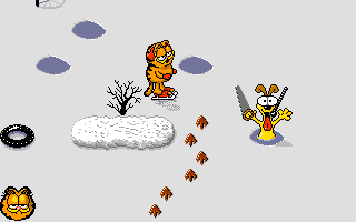 Garfield: Winter's Tail (Amiga) screenshot: Surprise! Odie is sawing holes in the ice