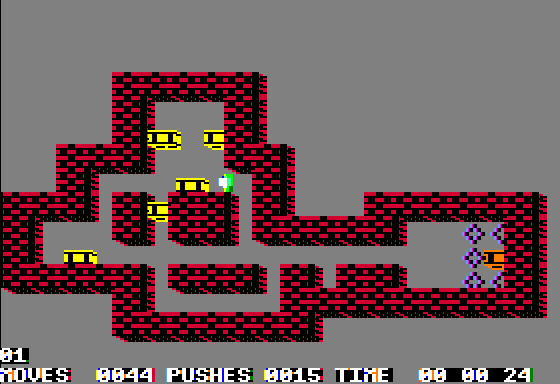 Soko-Ban (Apple II) screenshot: Gameplay on the first level