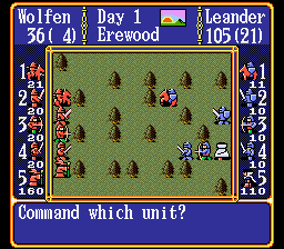 Gemfire (SNES) screenshot: Up to five units can participate in battles. The unit's size is shown on the left and right side of the screen.