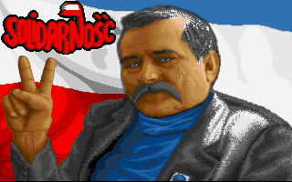 Solidarność (DOS) screenshot: Title screen with Lech Wałęsa, leader of the Solidarity movement
