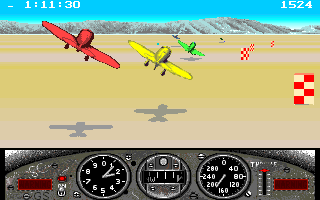 Gee Bee Air Rally (Amiga) screenshot: Pursuing green plane with red one in my back