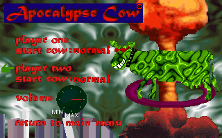 Apocalypse Cow (DOS) screenshot: Options menu. Here the cows can be upgraded before the game starts