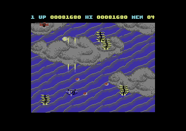 Gemini Wing (Commodore 64) screenshot: In this level, you are attacked by many different enemy formations