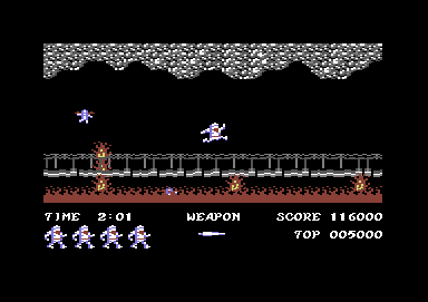 Ghosts 'N Goblins (Commodore 64) screenshot: Crossing a bridge - if you take too long, ther'll be lots of little enemies to deal with