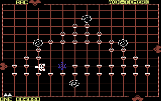 Solar Fox (Commodore 64) screenshot: More obstacles appear as the levels progress