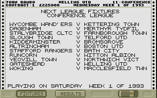 Premier Manager (DOS) screenshot: Fixtures