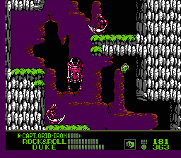 G.I. Joe: A Real American Hero (NES) screenshot: Later in the level 4 entry mission, you get a Cobra pogo jumping machine