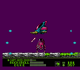 G.I. Joe: A Real American Hero (NES) screenshot: The boss at the end of the level 4 entry mission -- a Cobra A.G.P.