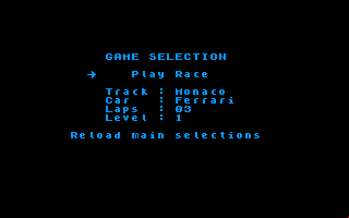 Grand Prix Circuit (Amstrad CPC) screenshot: You may see the details of your current gameplay, abort it, or continue...