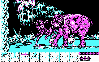 The Gold of the Aztecs (DOS) screenshot: C'mon, that's not fair - a couple of natives I could have overcome, but an elephant in the very first room? I hate to see what follows that! (And what's an elephant doing in South America, huh?) (CGA)