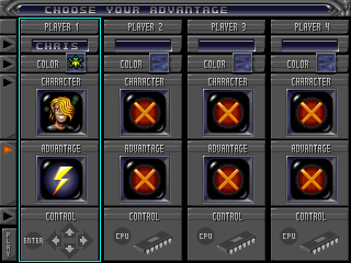 Subtrade: Return to Irata (DOS) screenshot: Pre-game customization of players and their perks.