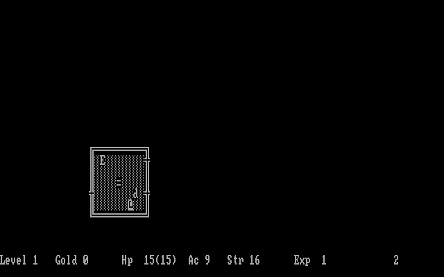 Hack (DOS) screenshot: The start of a game. Here you can see a floating Eye, your dog, a ring ("="), and yourself ("@").