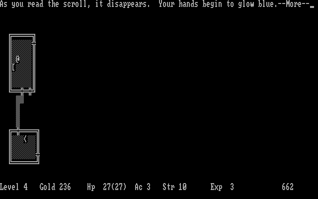 Hack (DOS) screenshot: Some scrolls affect the player directly.